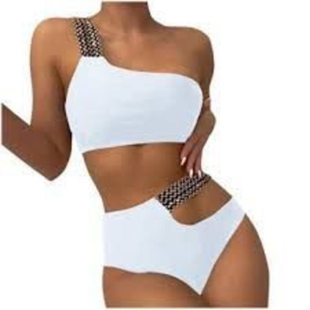 Strappy Cutout Asymmetrical Two Piece Swimsuit White Gold Sequin Accent Size M